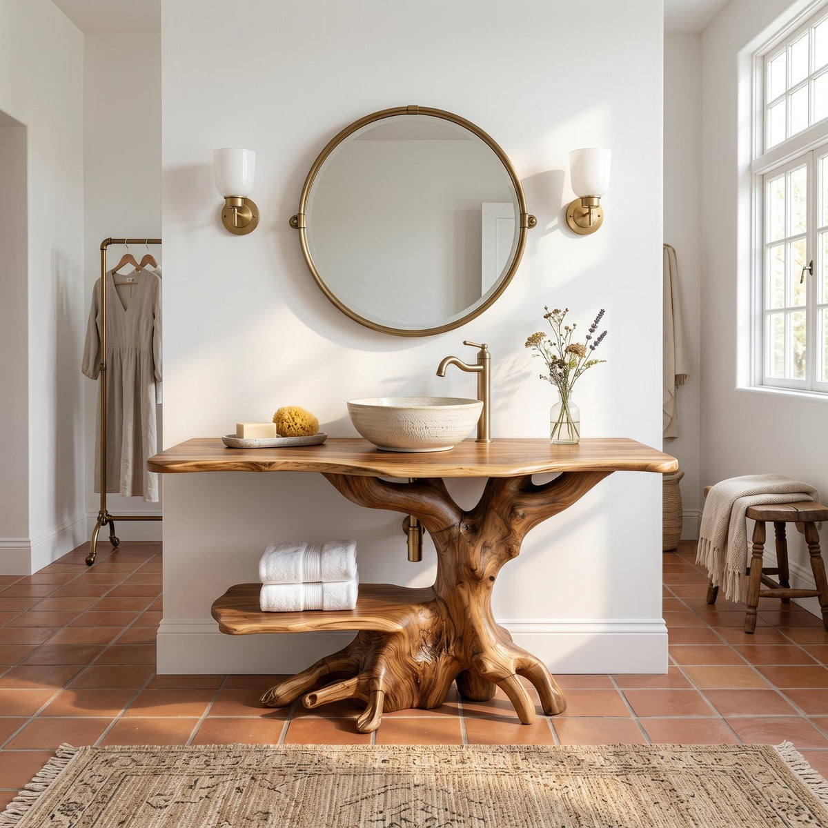 Spry Interior Farmhouse Live Edge Bathroom Vanity, Rustic Handcrafted Solid Wood Single Sink Vanity Cabinet with Storage Shelf, SILDTTRBRV122