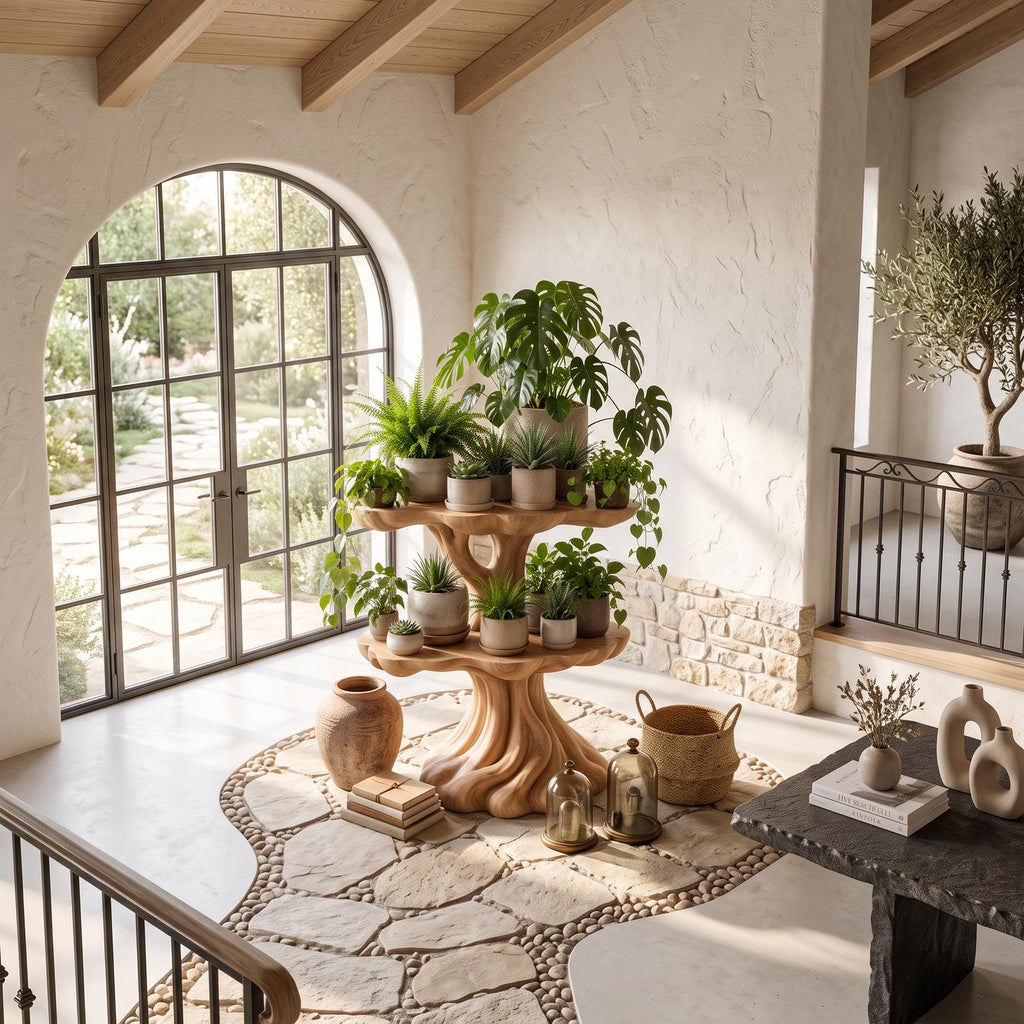 Contemporary Tiered Plant Shelf With Organic Branch Design For Living Room And Entryway SINLSAPT014