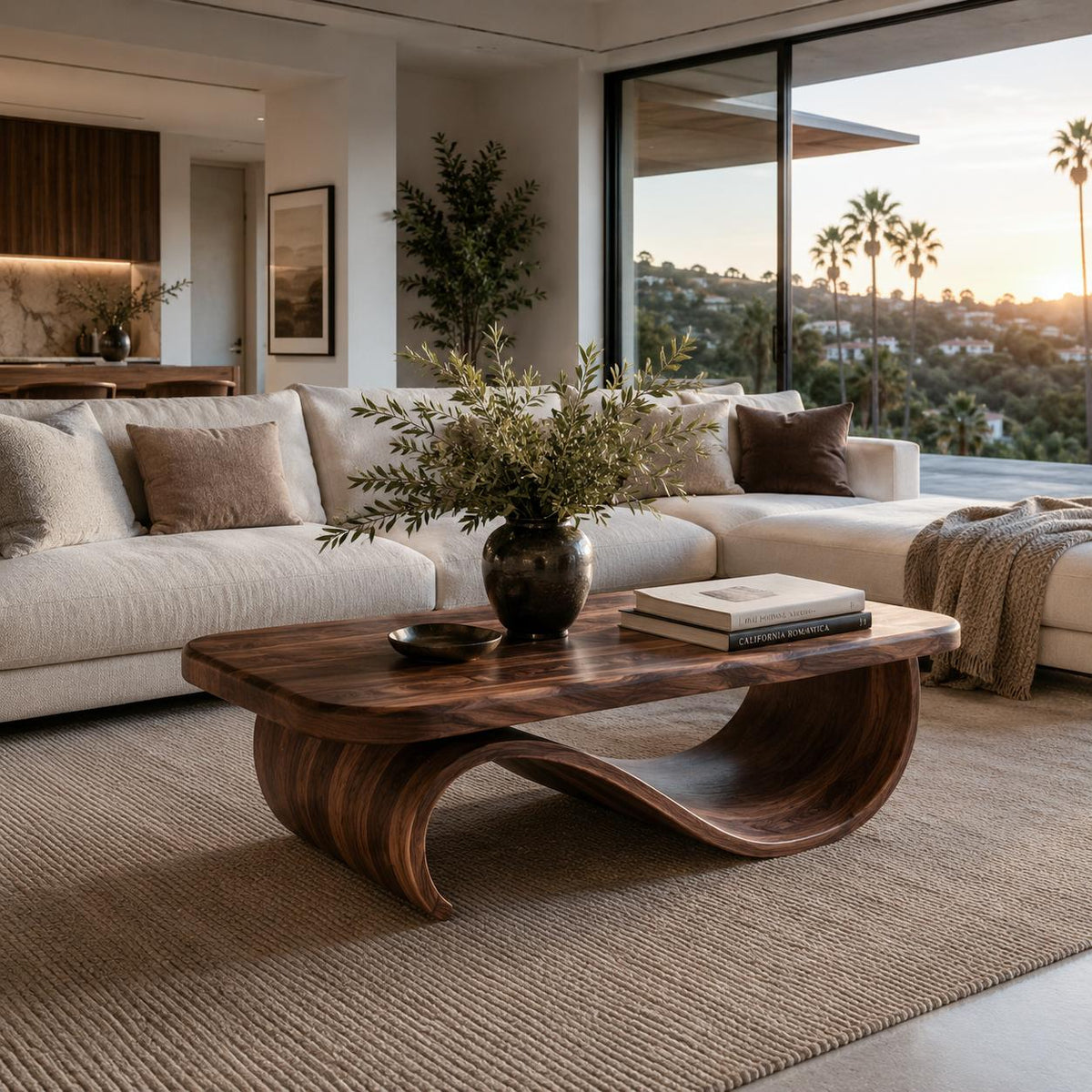 Artistic Wooden Coffee Table with Curved Base, Modern Sculptural Center Table for Living Room Decor, Model