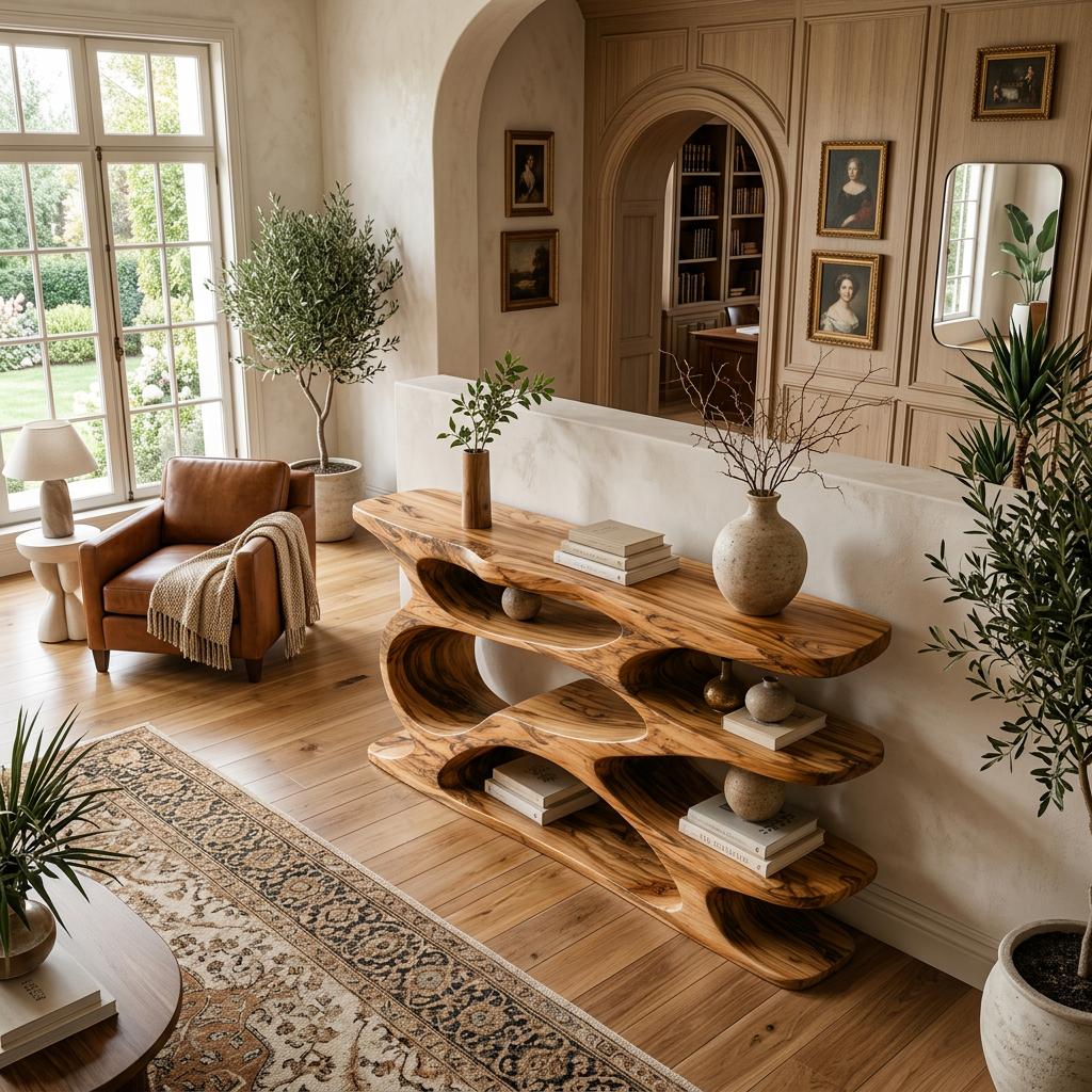 Rustic Wooden Console Table With Curved Open Storage For Living