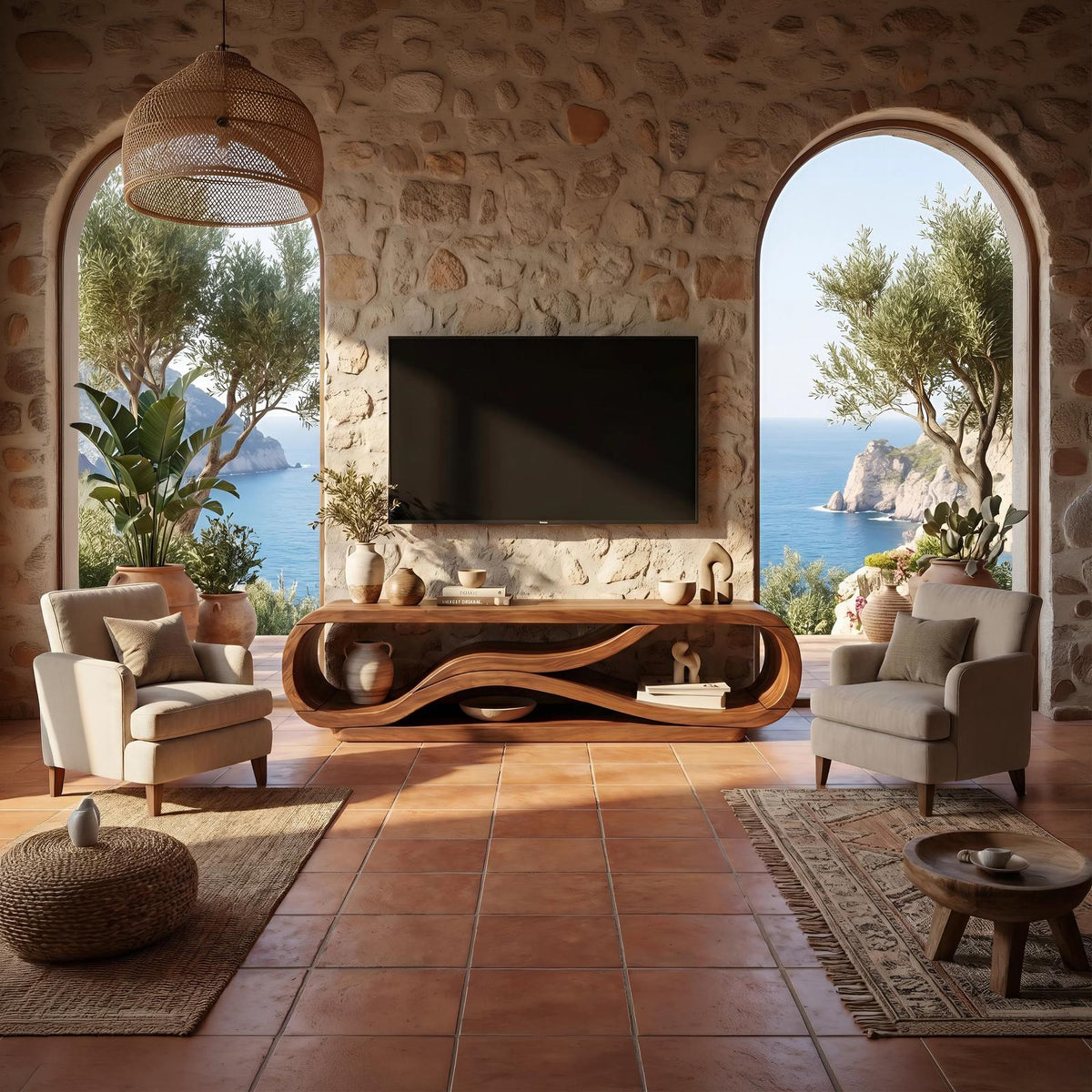 Modern Curved Wood TV Cabinet, Stylish Media Console Shelf & Entertainment Center for Living Room