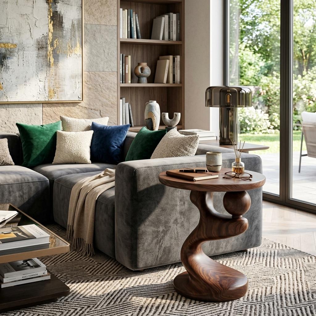 Modern Sculpted Wood Side Table, Artistic Curved Base Solid Wood End Table & Nightstand for Living Room, Bedroom