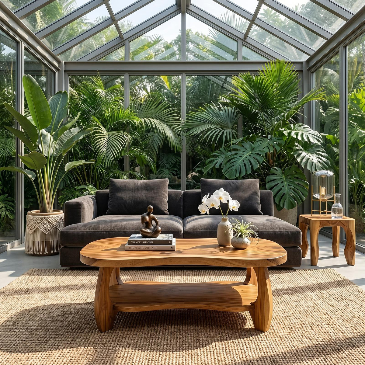 Tropical Oval Solid Wood Coffee Table, Mid-Century Modern Center Table for Living Room Lounge, Natural Finish
