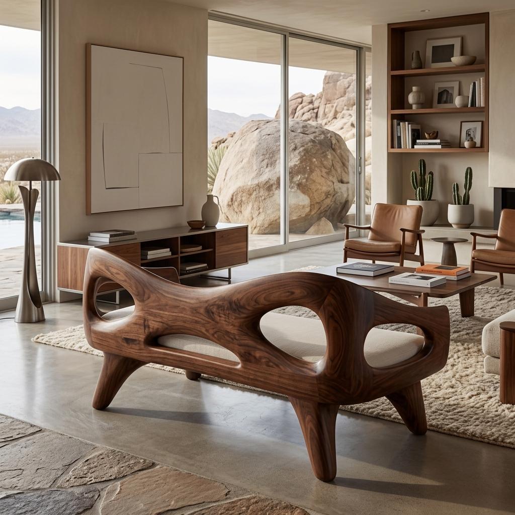 Organic Wooden Sofa with Unique Backrest, Sculptural Solid Wood Loveseat Couch for Living Room & Lounge, Model