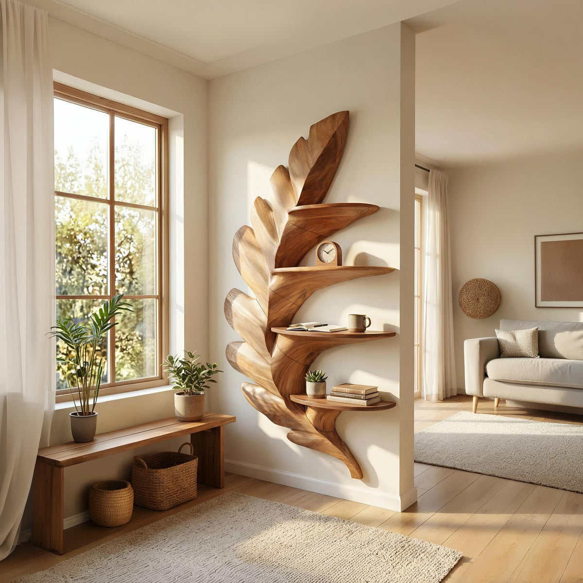 Contemporary Floating Wall Shelf, Handcrafted Minimalist Solid Wood Entrance Storage Organizer & Display Rack