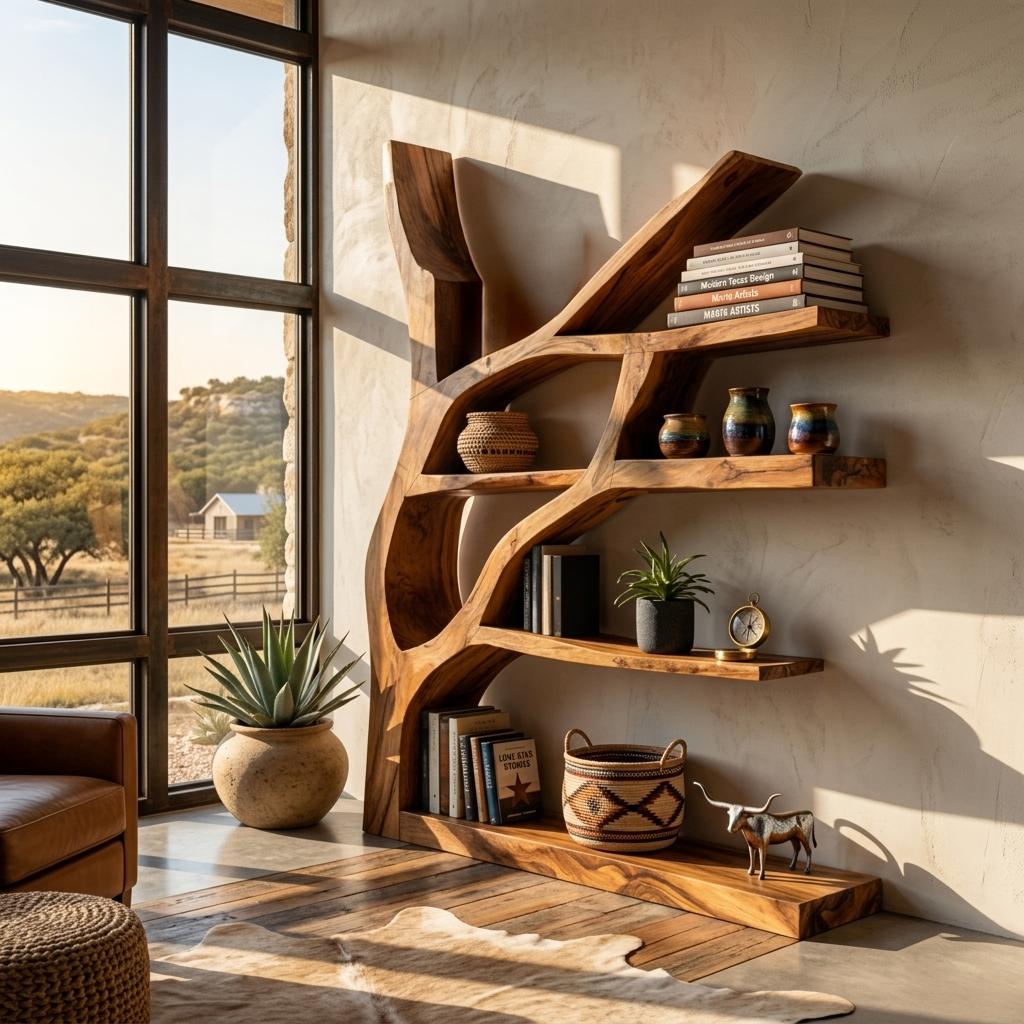 Contemporary Wooden Bookshelf with Sculptural Shape, Handcrafted Solid Wood Bookcase for Living Room & Library