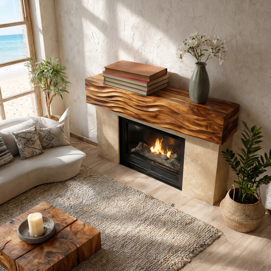Rustic Wooden Fireplace Shelf With Wave Carved For Living Room
