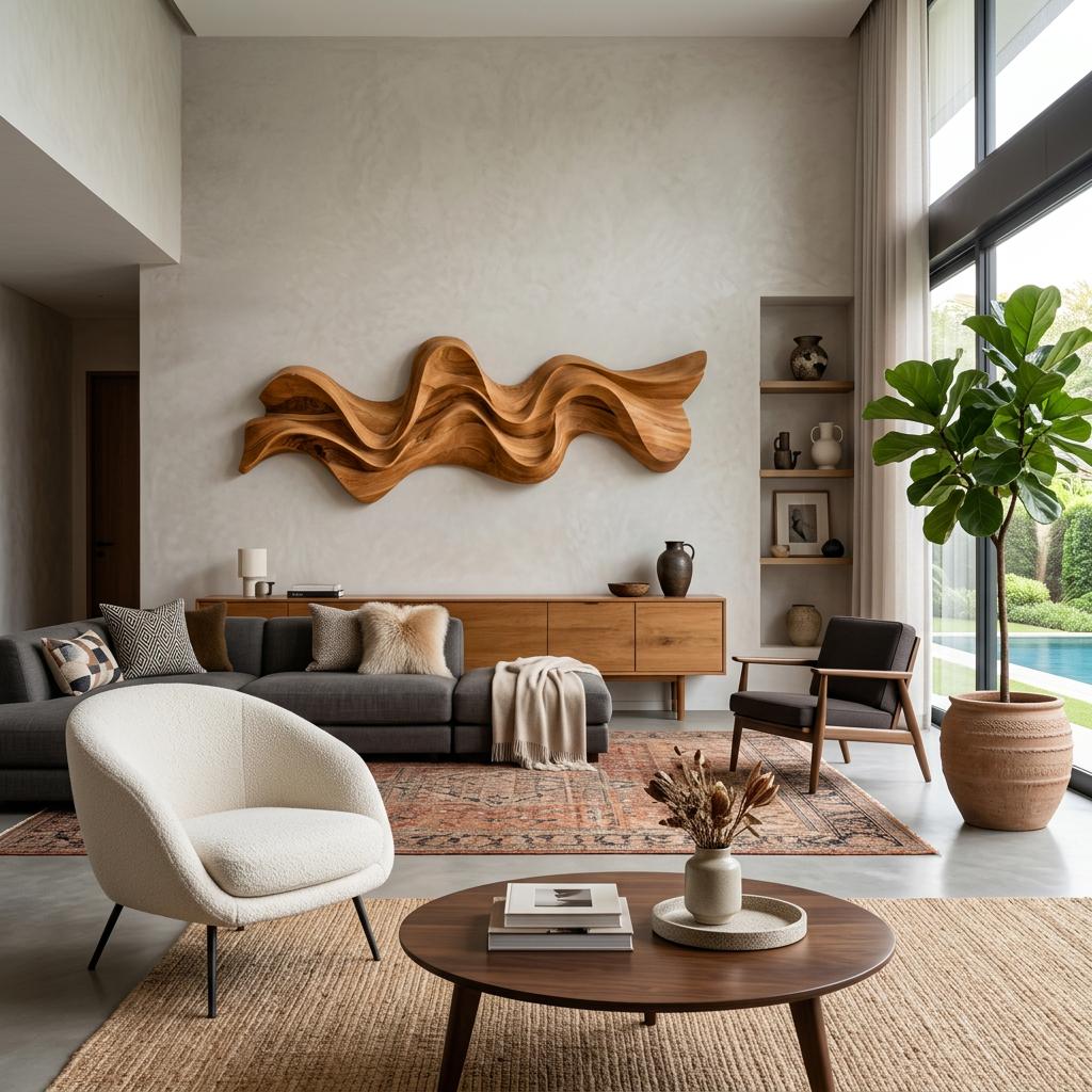 Modern Wavy Wall Art Sculpture, 3D Abstract Fluid Wave Carved Wood Wall Panel for Living Room & Office Decor