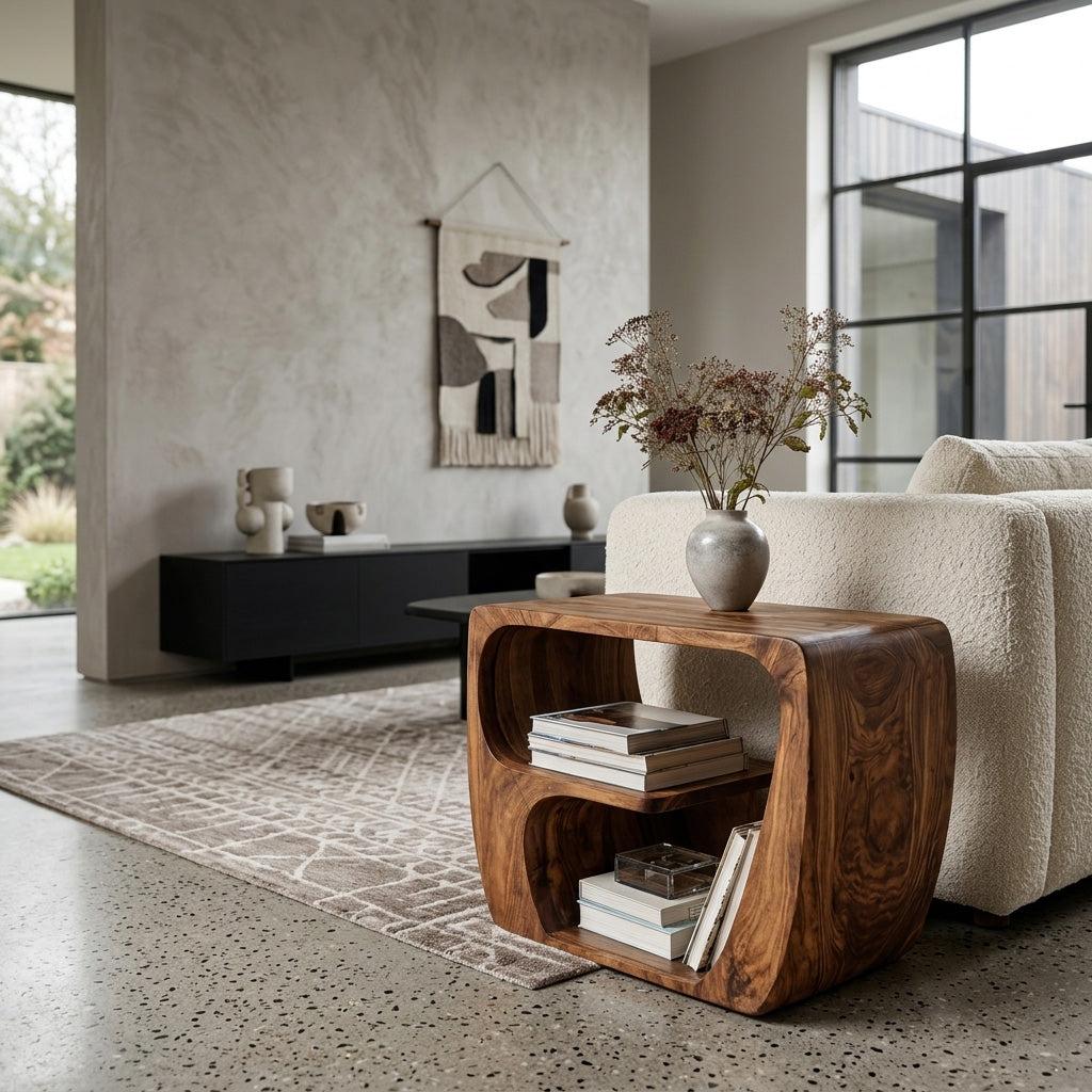 Quiet Luxury Wooden Side Table with Open Storage, Handcrafted Solid Wood End Table for Living Room & Lounge, Model