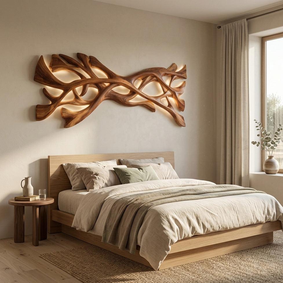 Organic Wood Wall Art, 3D Abstract Wave Hand-Carved Wooden Sculpture Panel for Contemporary Home Accent