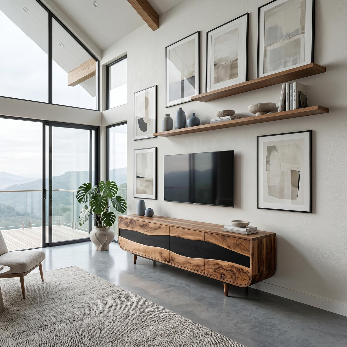 Handcrafted Wooden Live Edge TV Stand, Rustic Solid Wood Media Console & Entertainment Center
