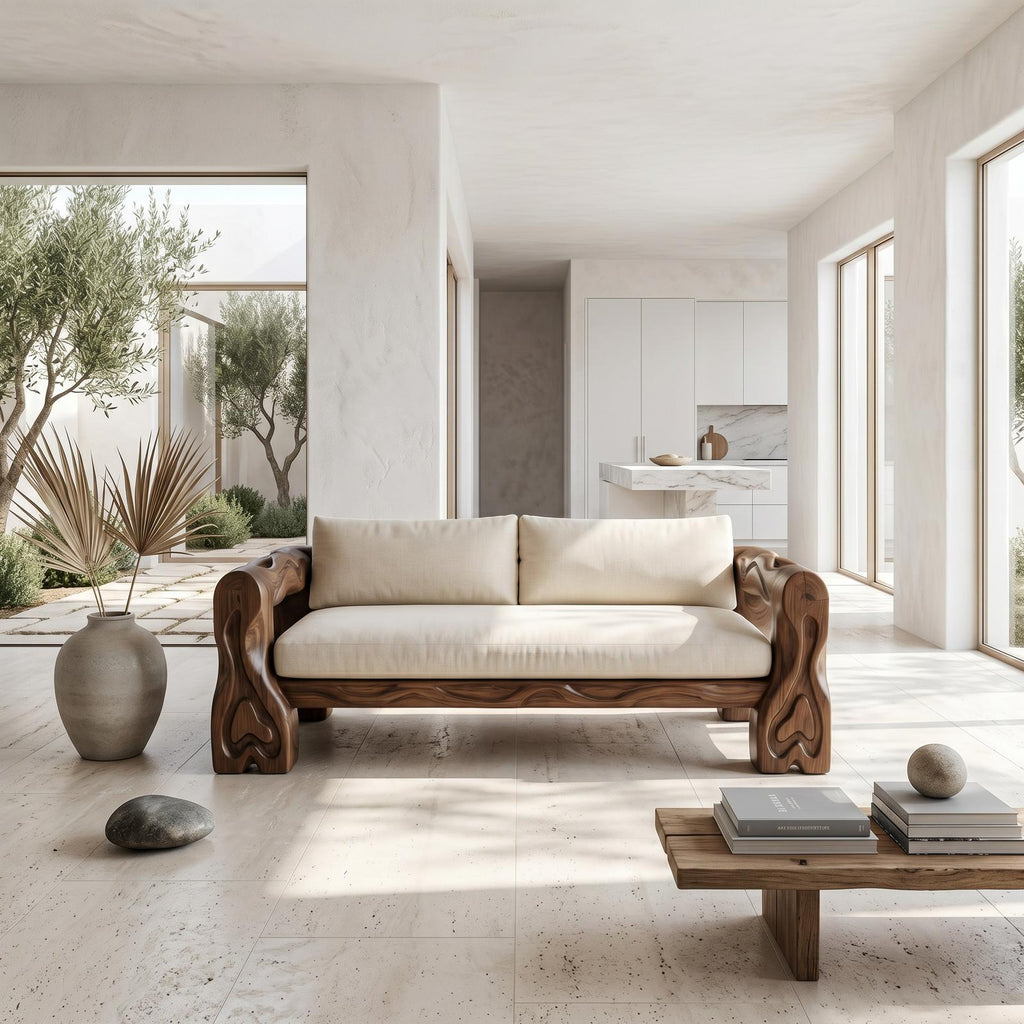 Organic Sofa Frame With Sculptural Open Loop Armrests For Living Room