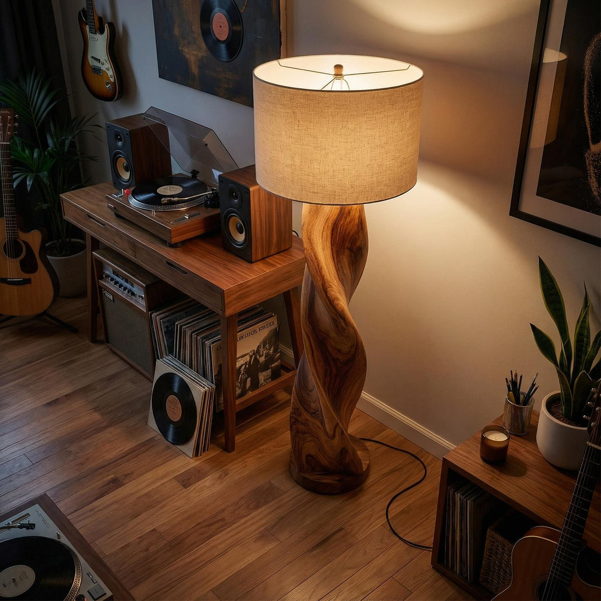 Industrial Sculptural Table Lamp, Modern Wood & Metal Geometric Ambient Nightlight for Entryway Console & Living Room Corner, SILDTTRLAM047