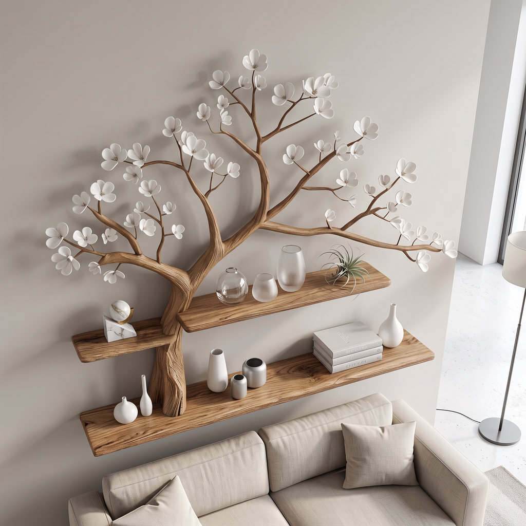 Rustic Tree Shelf Wall Living Room