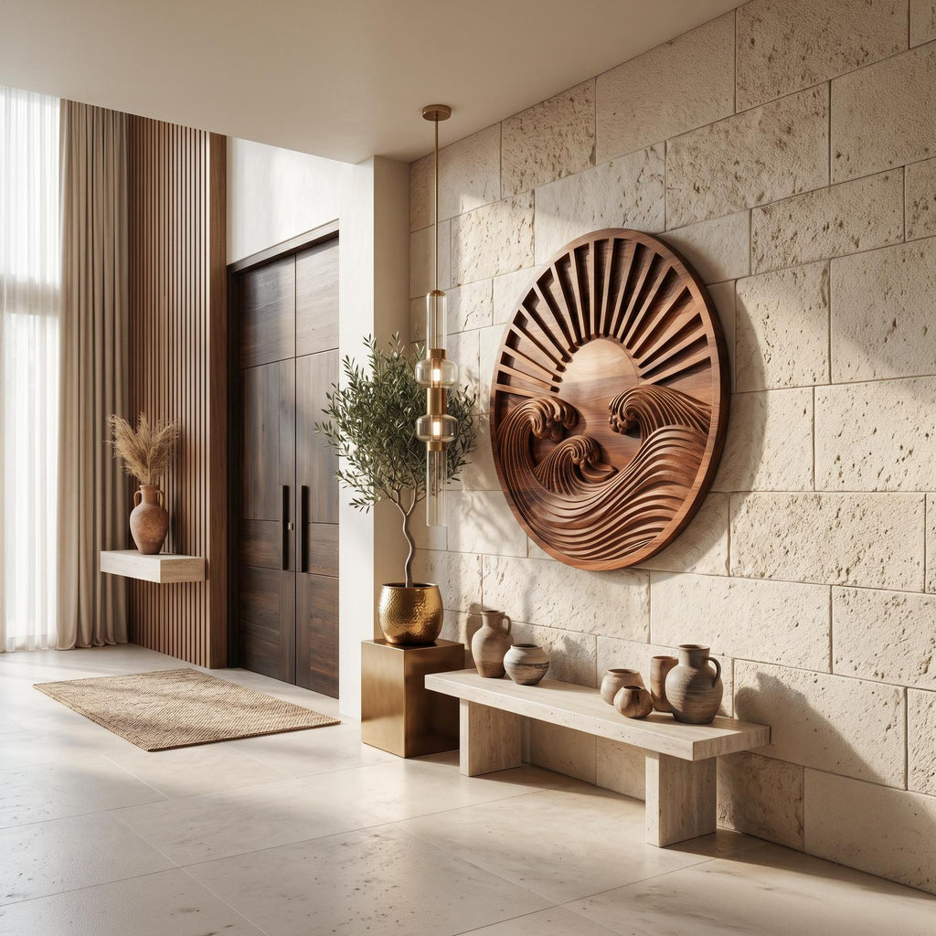 Round Wooden Wall Art with Carved Sun and Waves, Handcrafted Solid Wood Circular Relief Sculpture for Bedroom Decor