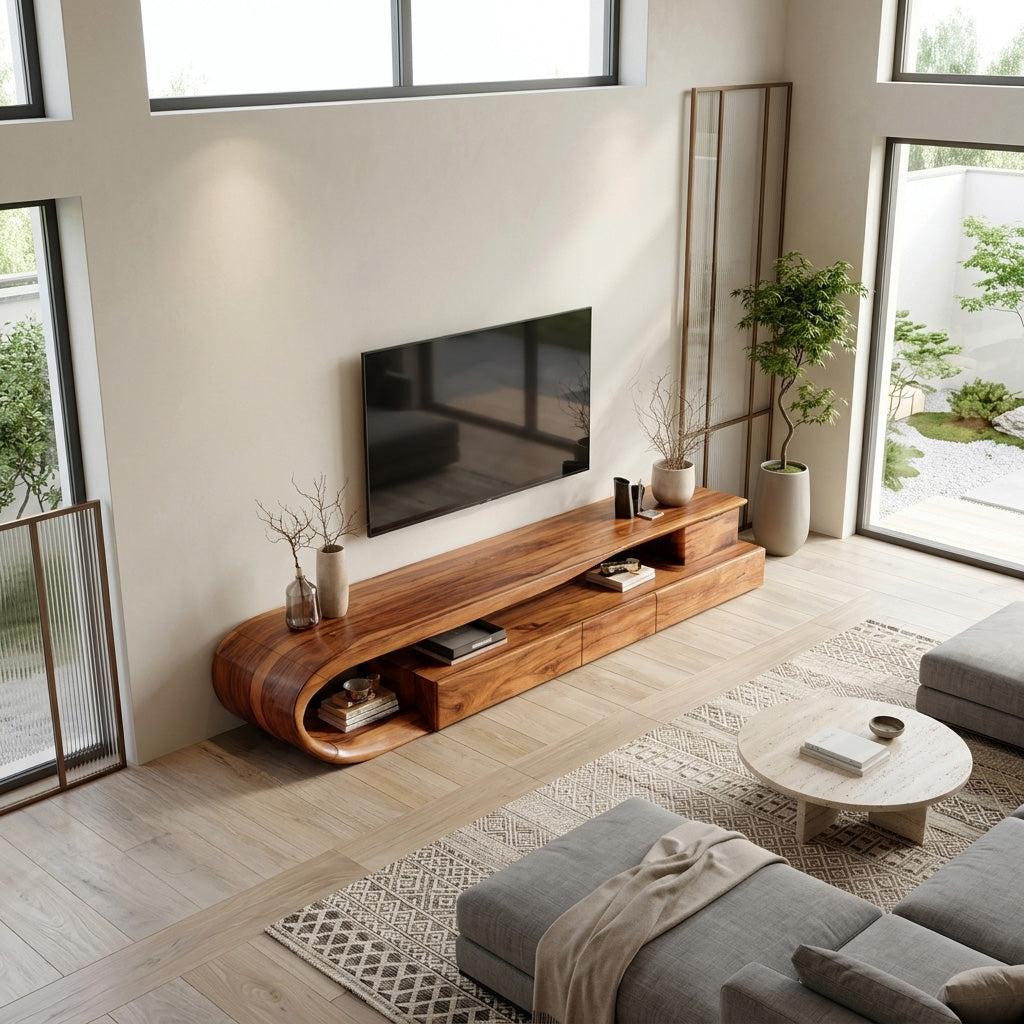 Modern Curved Wooden TV Console Cabinet, Handcrafted Solid Wood Media Storage Credenza with Drawer for Living Room