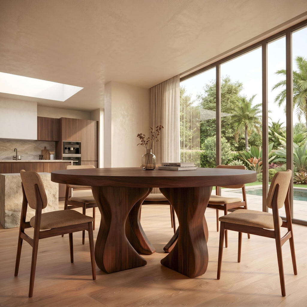 Modern Organic Round Dining Table, Handcrafted Solid Wood Pedestal Kitchen Table for Dining Room