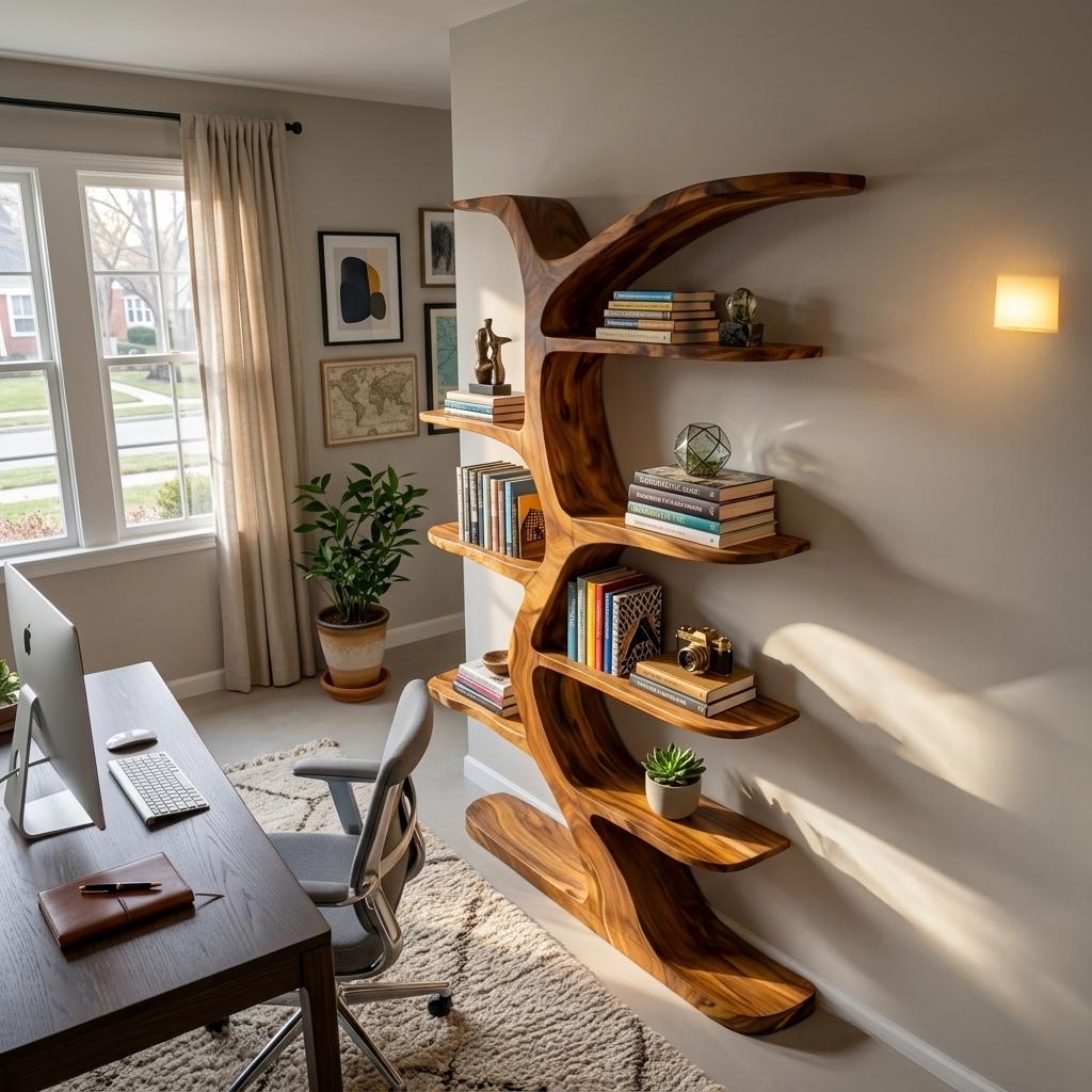 Modern Tree-Inspired Bookshelf, Handcrafted Wood Bookcase with Curved Branches for Living Room & Nursery Decor