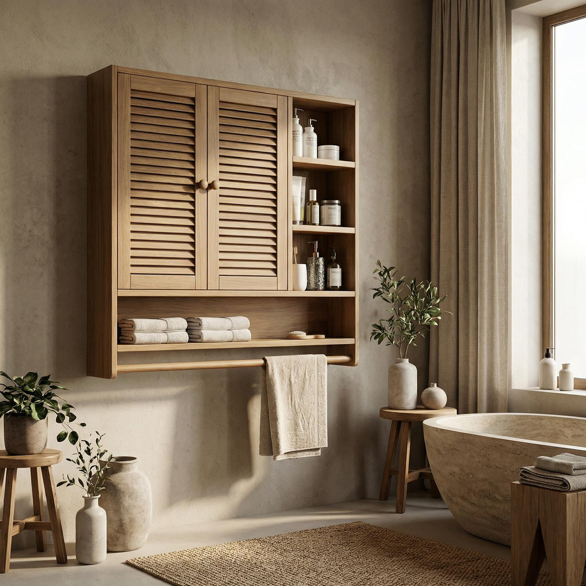 Rustic Bathroom Cabinet, Solid Wood Wall-Mounted Storage Organizer Cupboard for Bathroom