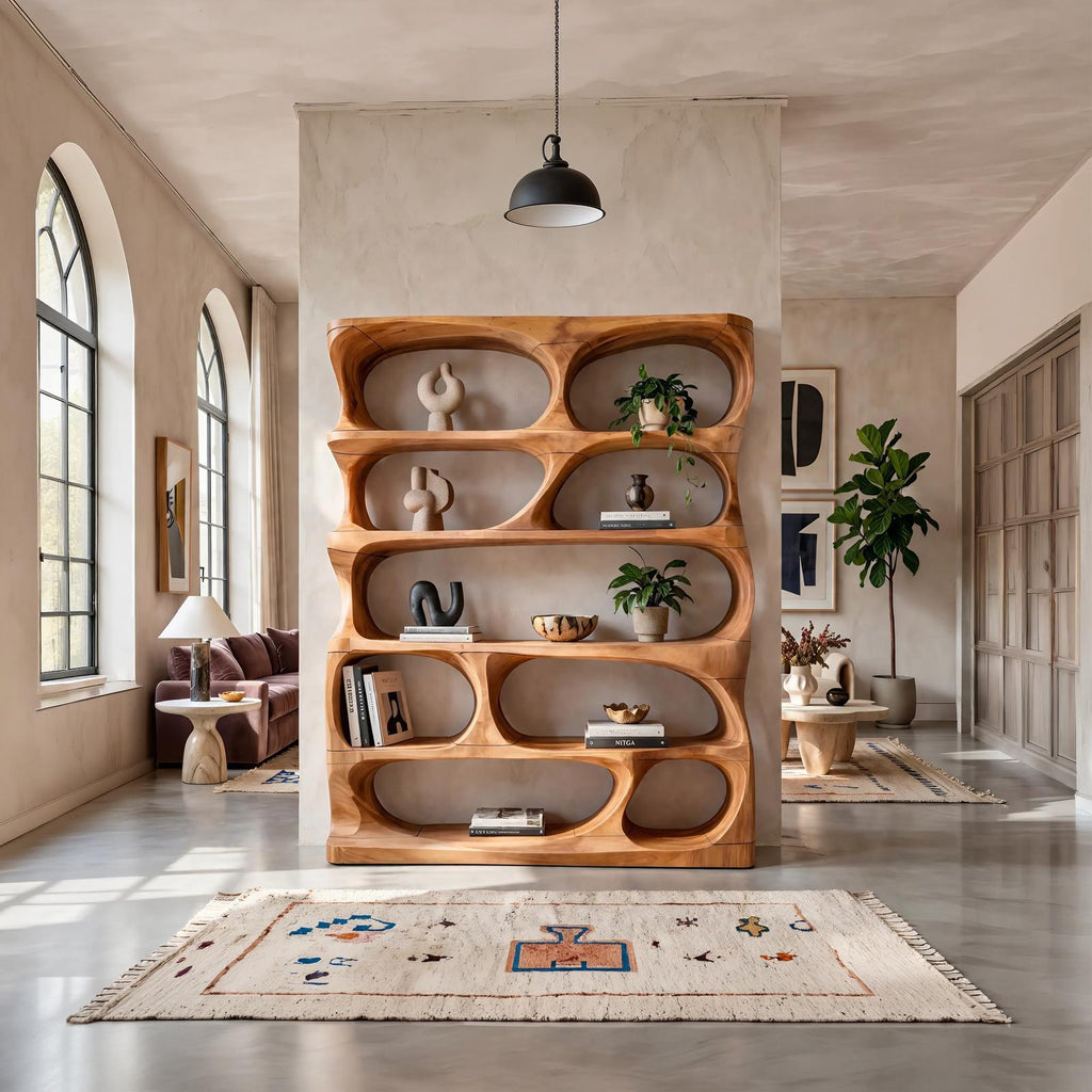 Minimalist Sculptural Bookshelf, Handcrafted Solid Wood Vertical Bookcase & Storage Display Organizer for Home Office