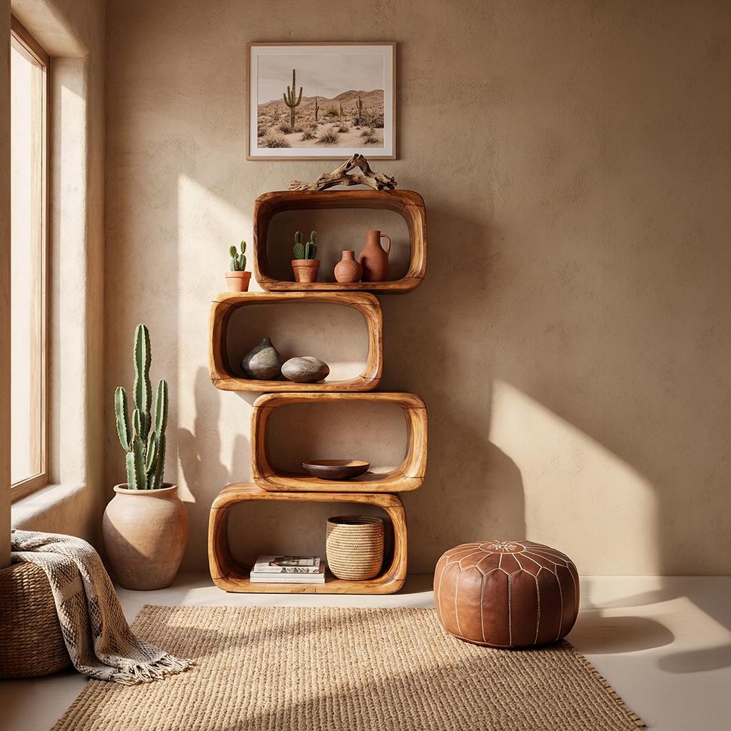 Japandi Asymmetrical Bookshelf, Minimalist Wooden Bookcase Storage Shelf for Bathroom & Living Room