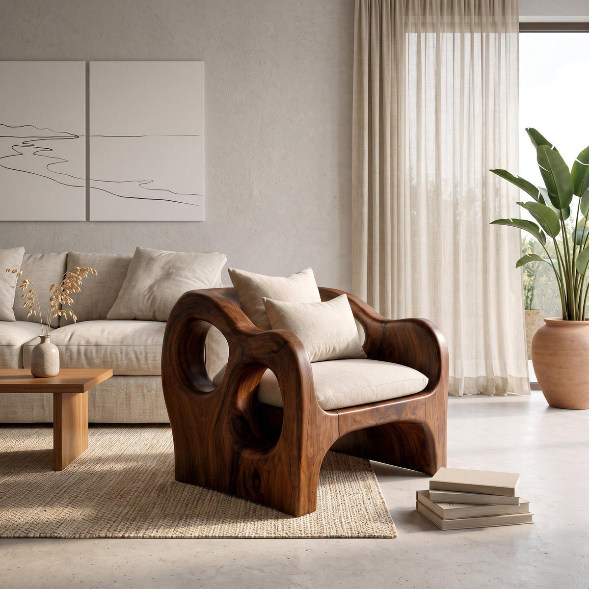 Artistic Sculpted Wooden Armchair, Mid-Century Modern Accent Lounge Chair for Living Room, Model