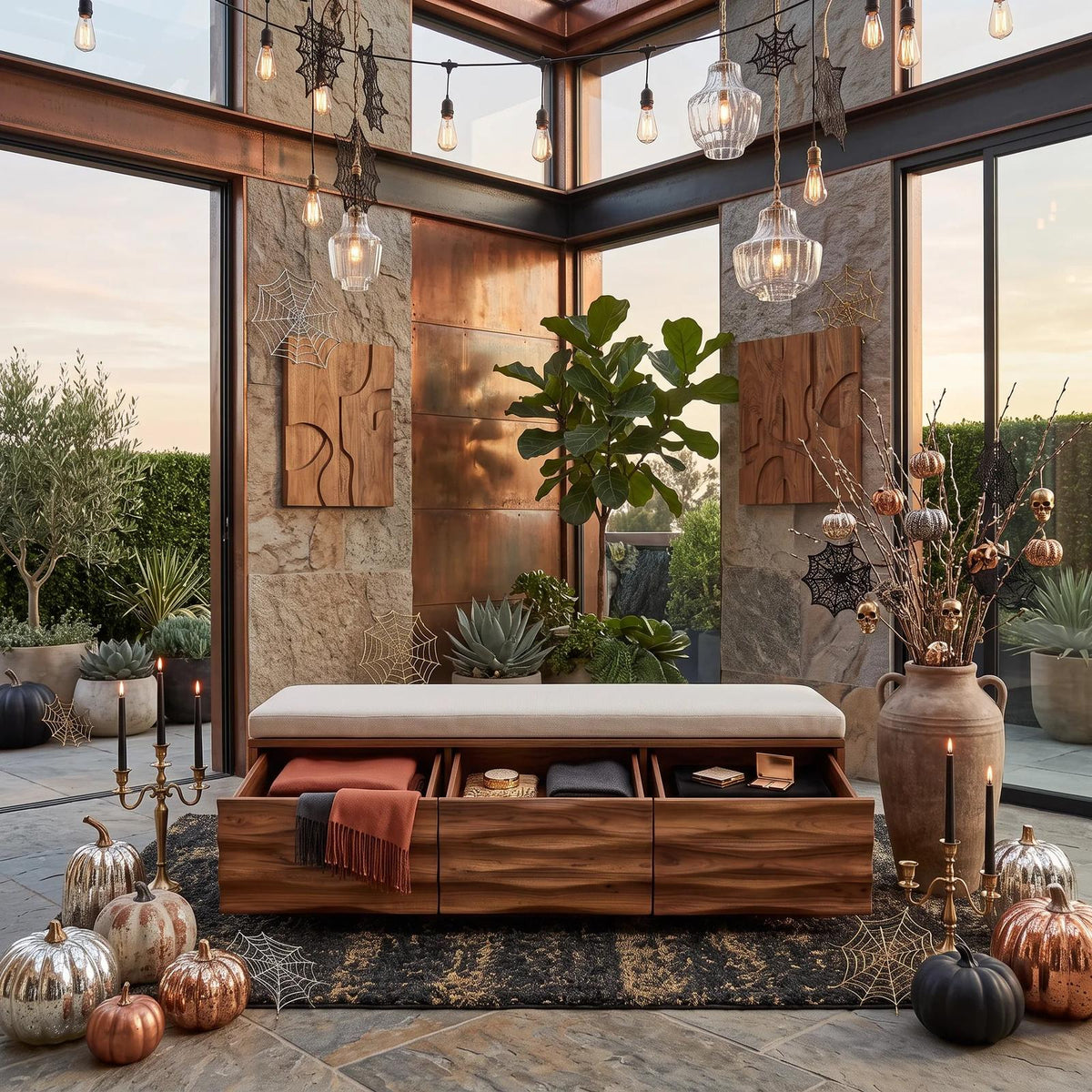 Modern Wave Storage Bench Cushion For Halloween Fall Decor