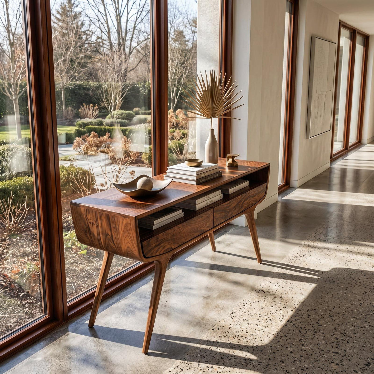 Mid Century Curved Console Table With Drawers For Entryway