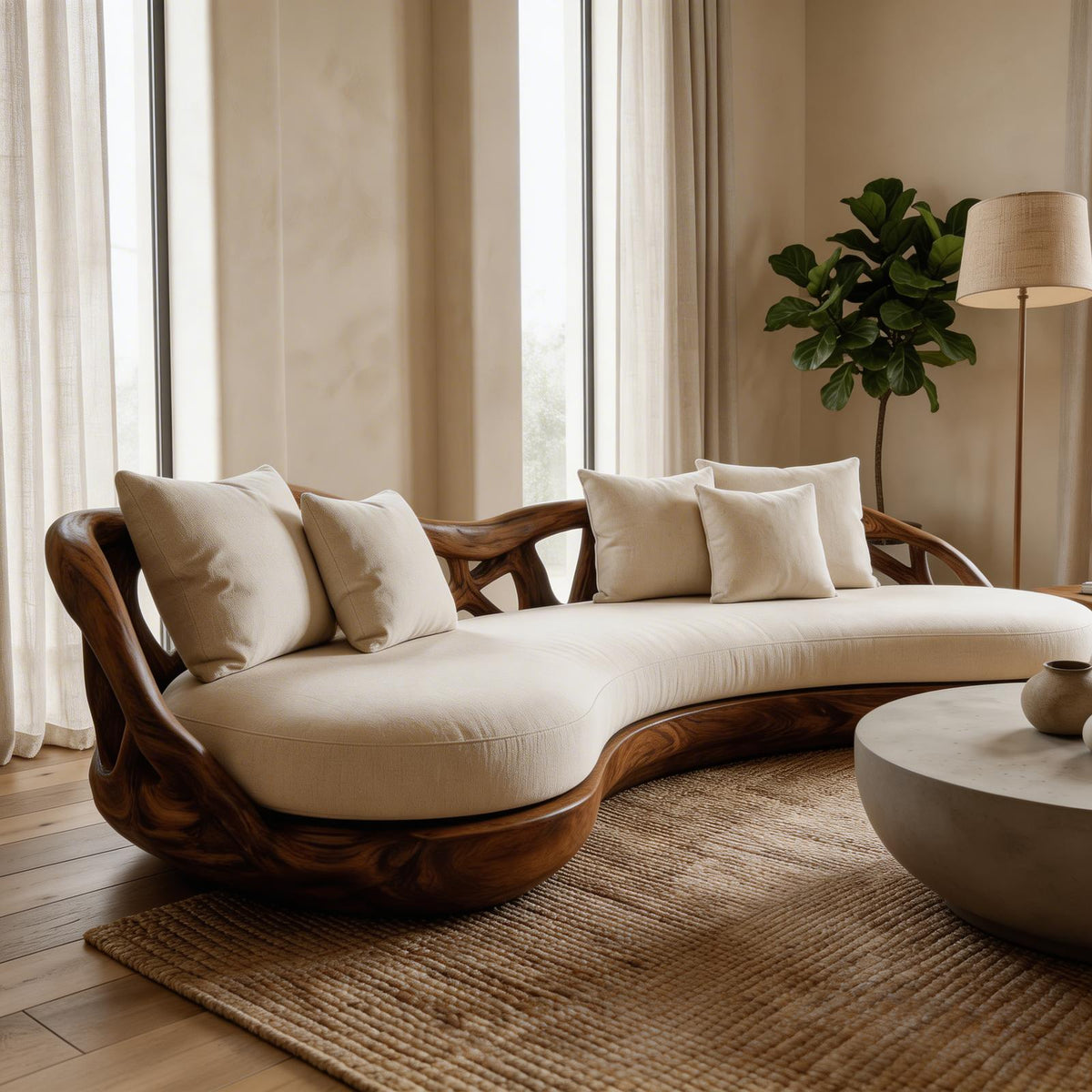 Contemporary Organic Sofa Solid Wood Frame Smooth Curved Design Living Room And Lounge SINLHASF015