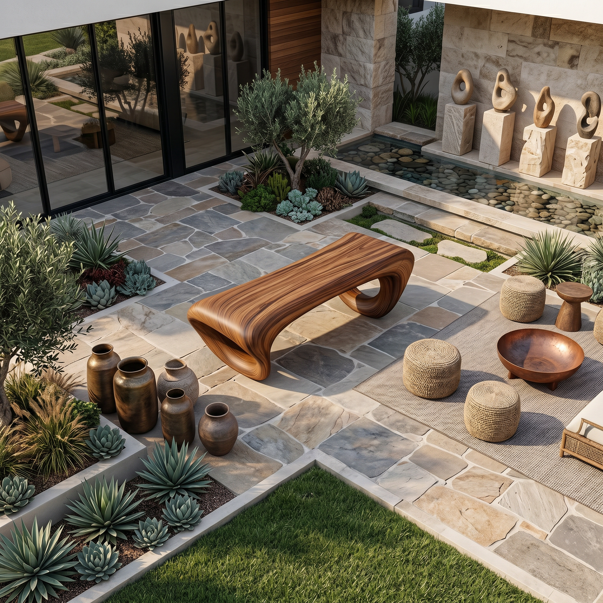 Modern Sculptural Outdoor Bench, Weather-Resistant Handcrafted Solid Wood Garden Patio Bench Seating & Park Furniture