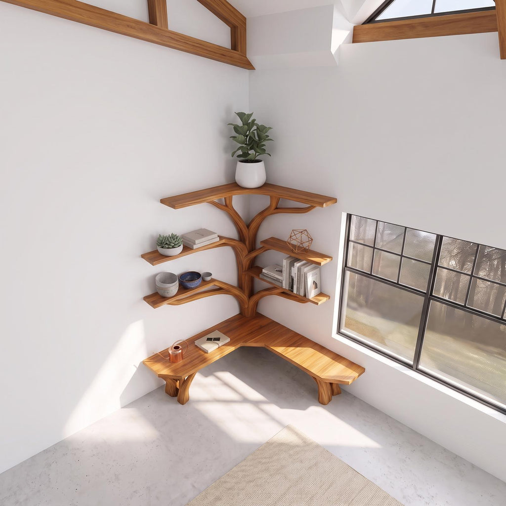 Rustic Corner Tree Shelf Reading Nook SINLSATB228