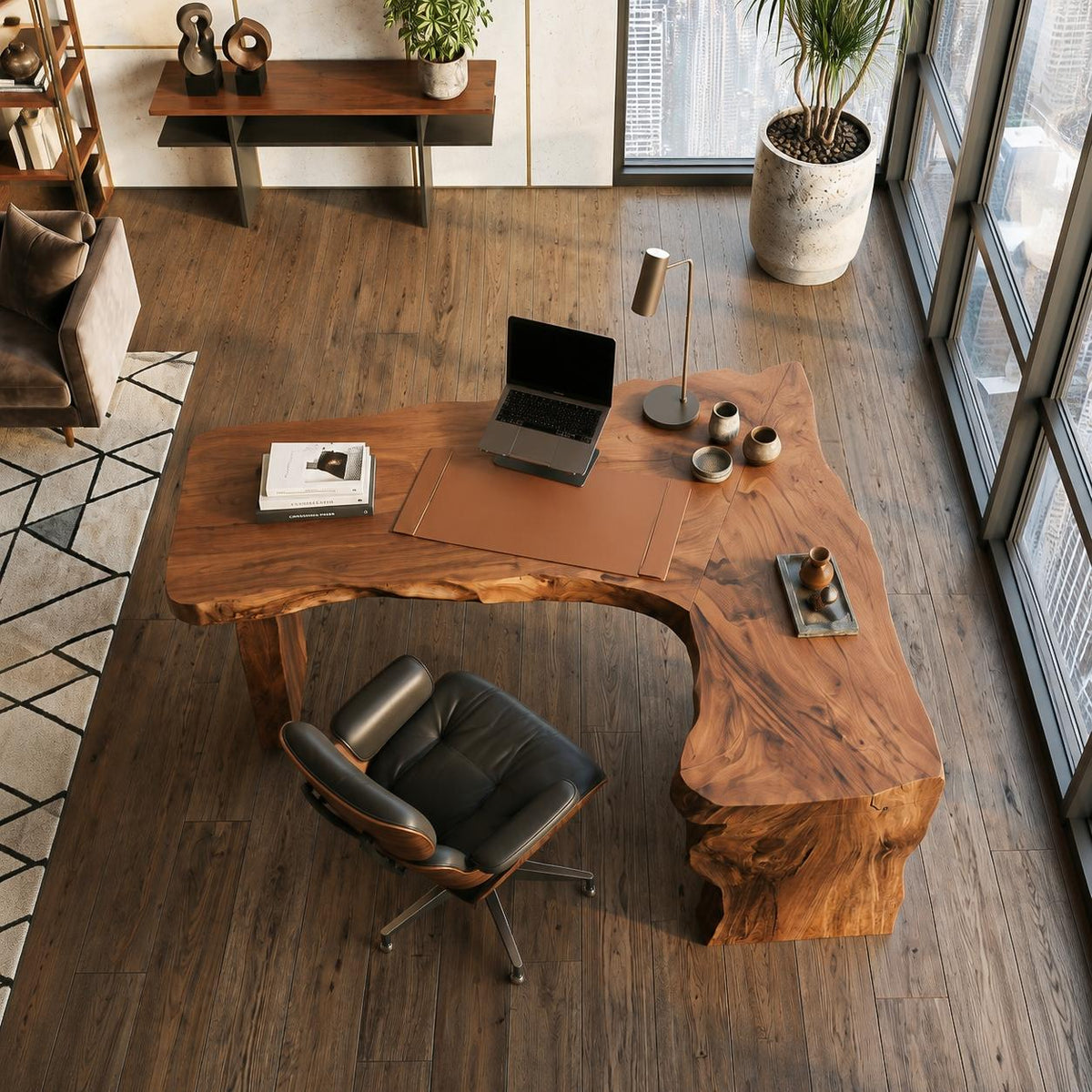 Rustic Live Edge L-Shaped Corner Desk, Handcrafted Solid Wood Executive Computer Table for Home Office