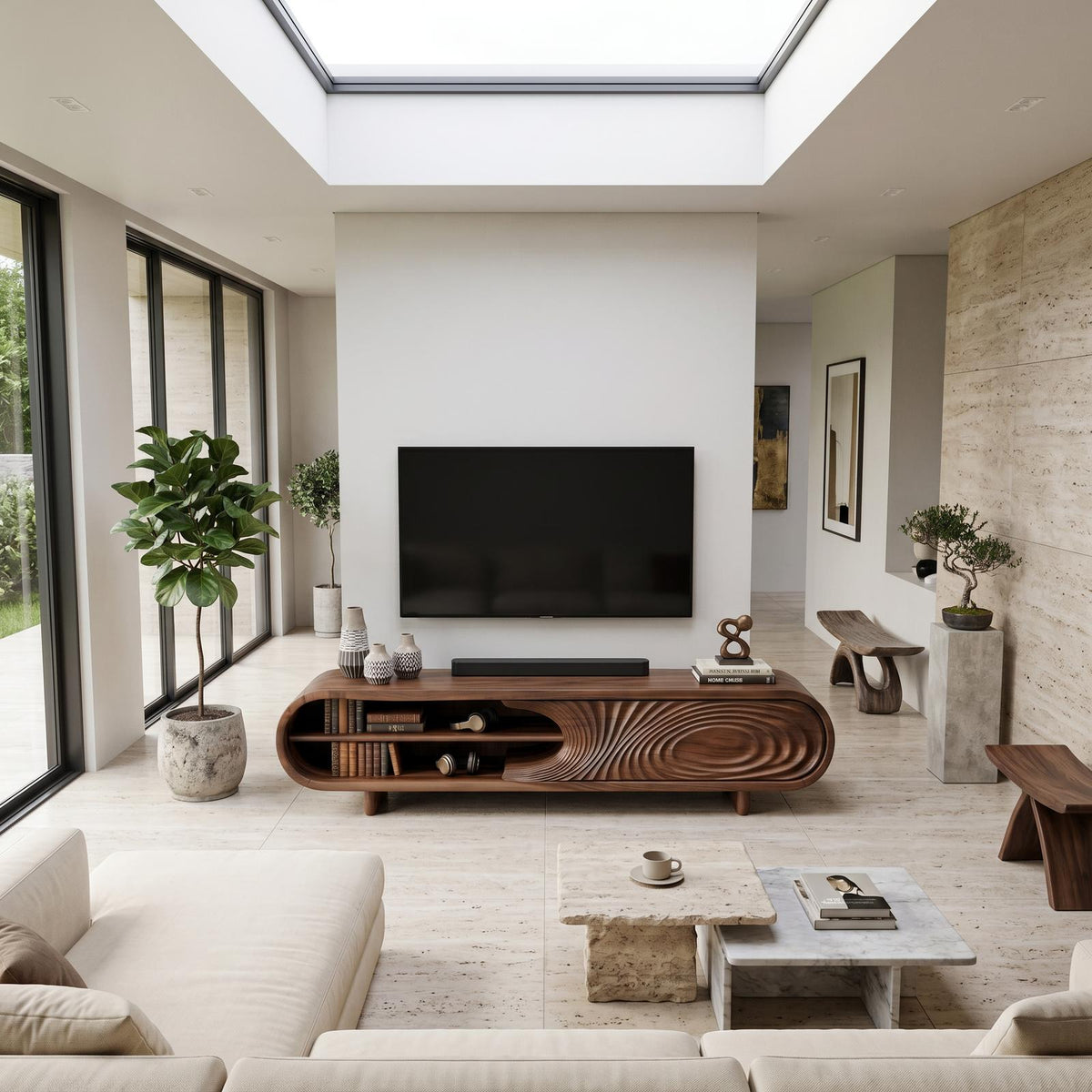 Modern Sculptural Wood TV Stand With Curved Grain Pattern For Living Room