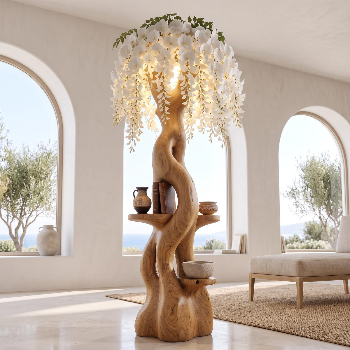 Rustic Wooden Floor Lamp With Sculptural Floral Canopy For Living Room SINLSAFLP145