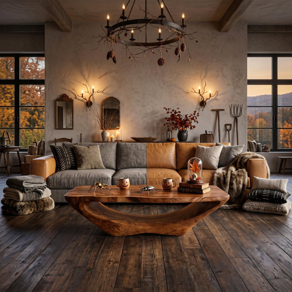 Farmhouse Live Edge Coffee Table, Rustic Wood Accent Table for Spooky Halloween & Entryway Decor