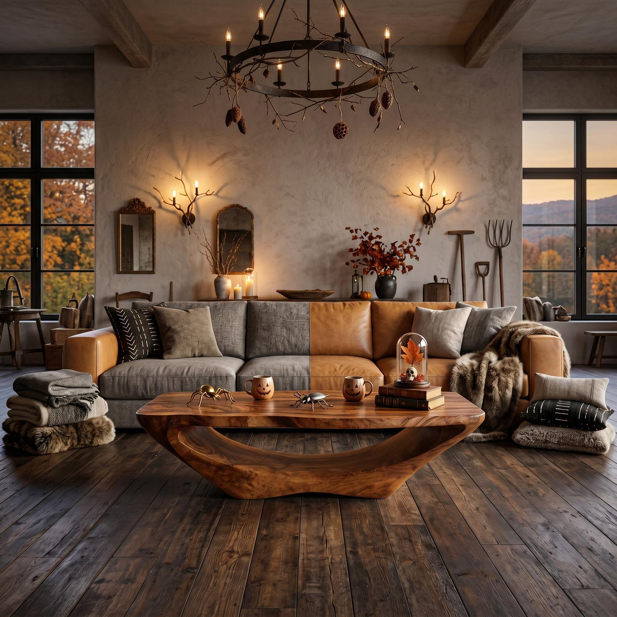 Farmhouse Live Edge Coffee Table, Rustic Wood Accent Table for Spooky Halloween & Entryway Decor