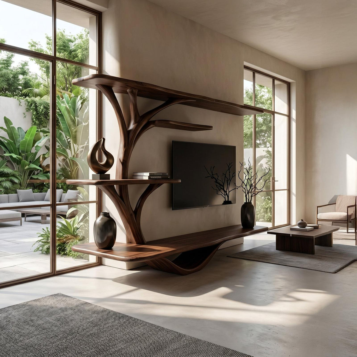 Organic TV Stand With Sculptural Branch Shelves For Living Room