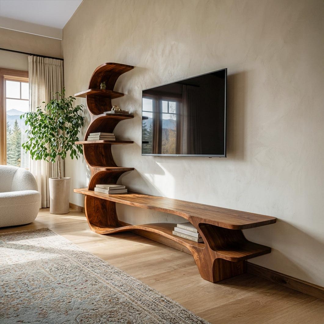Organic Wood TV Stand With Side Curved Shelf For Living