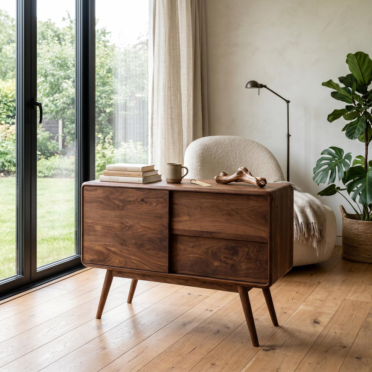 Mid Century Rounded Console Table With Compartments For Living