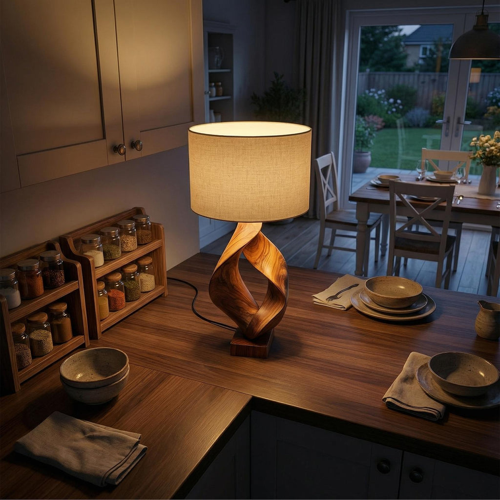 Rustic Sculptural Wood Table Lamp, Cozy Lodge Driftwood Style Accent Light for Living Room