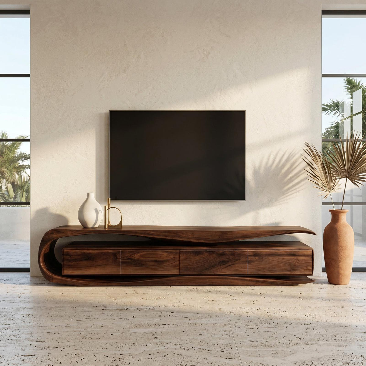 Modern Organic TV Console Table, Handcrafted Solid Wood Media Center Cabinet Sideboard Credenza for Living Room