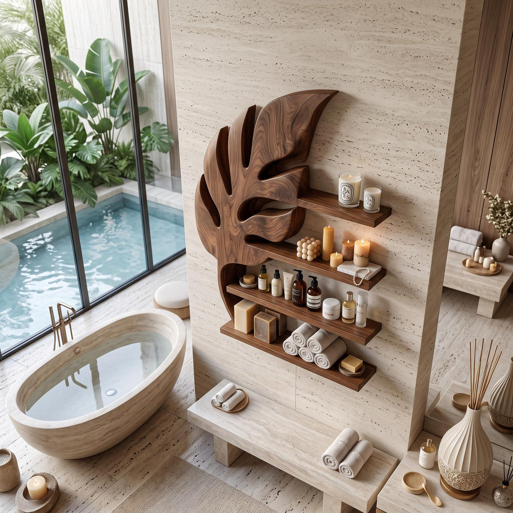 Modern Wooden Leaf Bathroom Shelf For Bathroom Interior