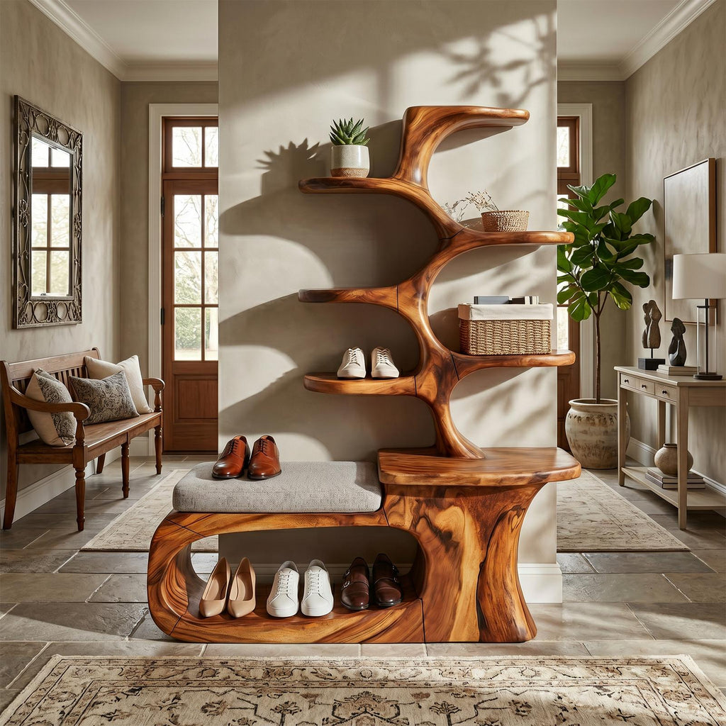 Japandi Solid Wood Shoe Rack Bench, Handcrafted Entryway Storage Shelf & Hallway Closet Organizer Stand