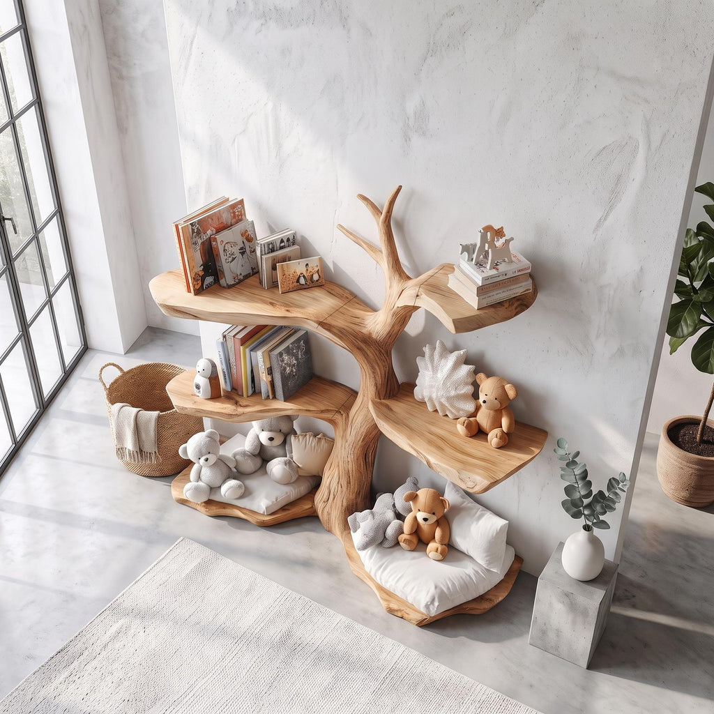 Rustic Corner Tree Bookshelf, Solid Wood Kids Bedroom Wall Hanging Bookcase & Toy Storage Organizer Shelf