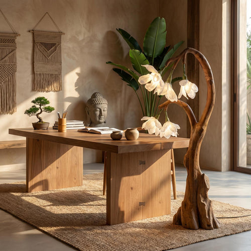 Artistic Floral Floor Lamp with Natural Wood Base, Aesthetic Standing Flower Light for Living Room, Model