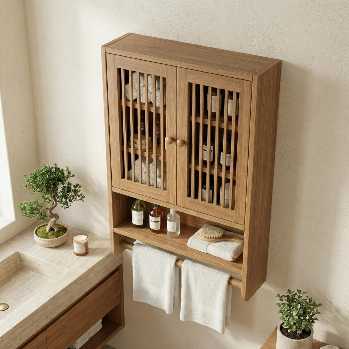 Bathroom Cabinet with Shelves, Solid Wood Wall Storage Organizer Cupboard for Bathroom Space