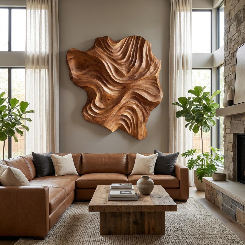 Organic Wood Wall Art Wave Design For Luxury Living Room