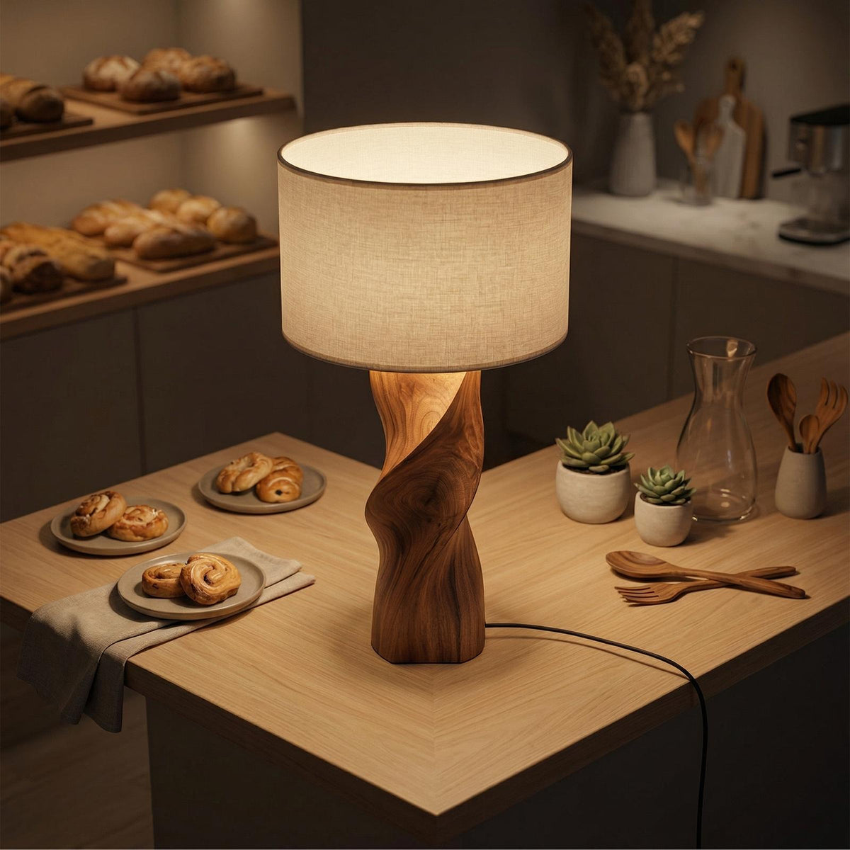 Modern Accent Table Lamp, Contemporary Wood Nightstand Bedside Light for Living Room & Bedroom
