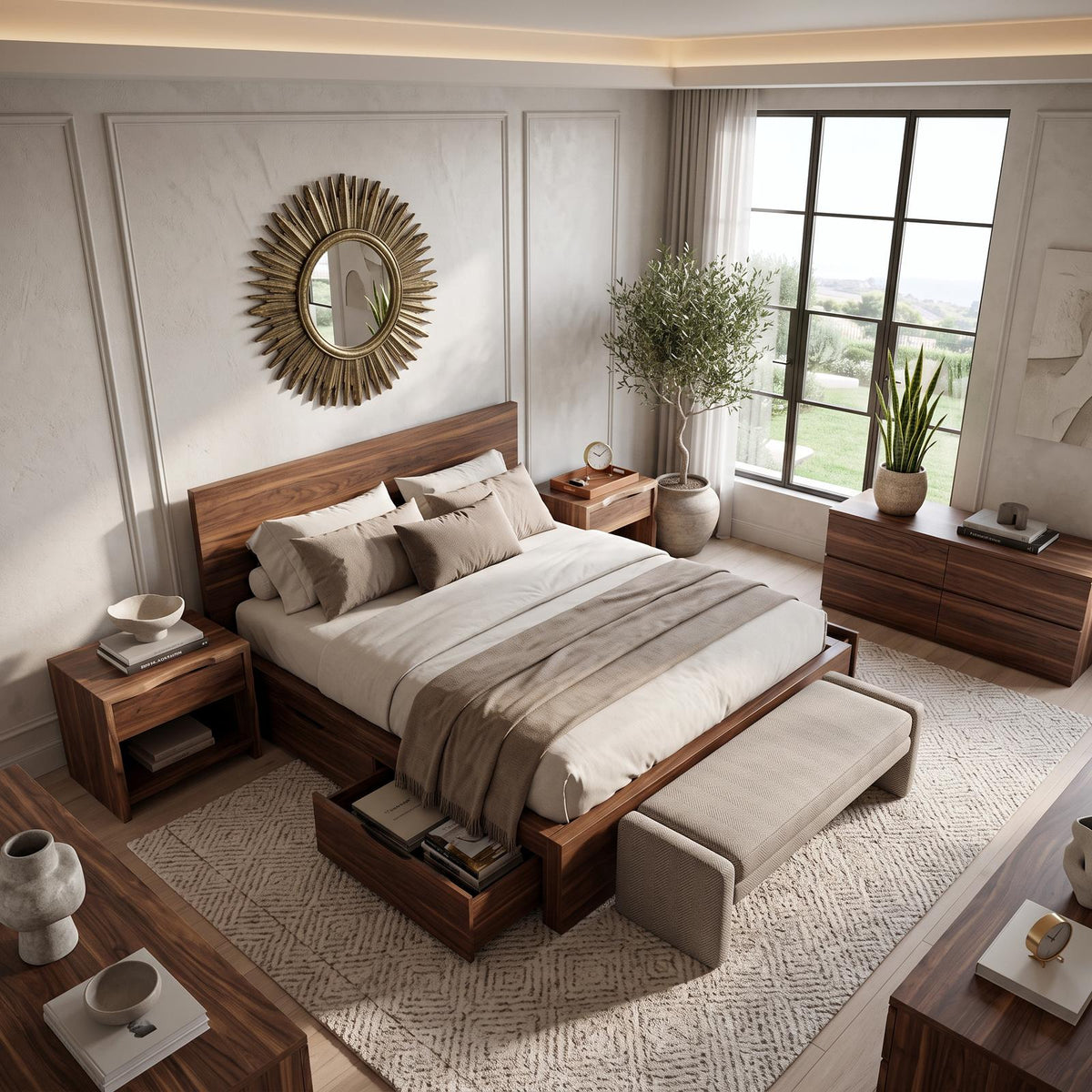 Spry Interior Modern Storage Bed Frame with Headboard & Drawers, Handcrafted Solid Wood Underbed Storage Bedstead, SITHTTWO001