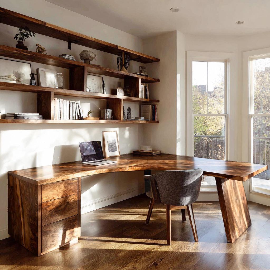 Rustic Wooden L-Shaped Desk For Bright Study Room